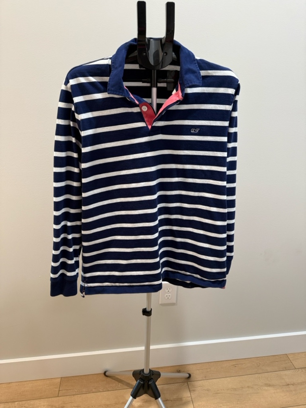 Vineyard Vines Navy and White Striped Button-Down Rugby Shirt with Pink Trim